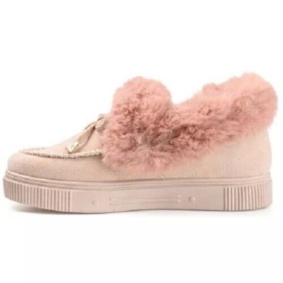 Journee Collection Midnight Faux Fur Trim Bow Tie Detail Moccasins Beige SZ 7.5 - Picture 3 of 10